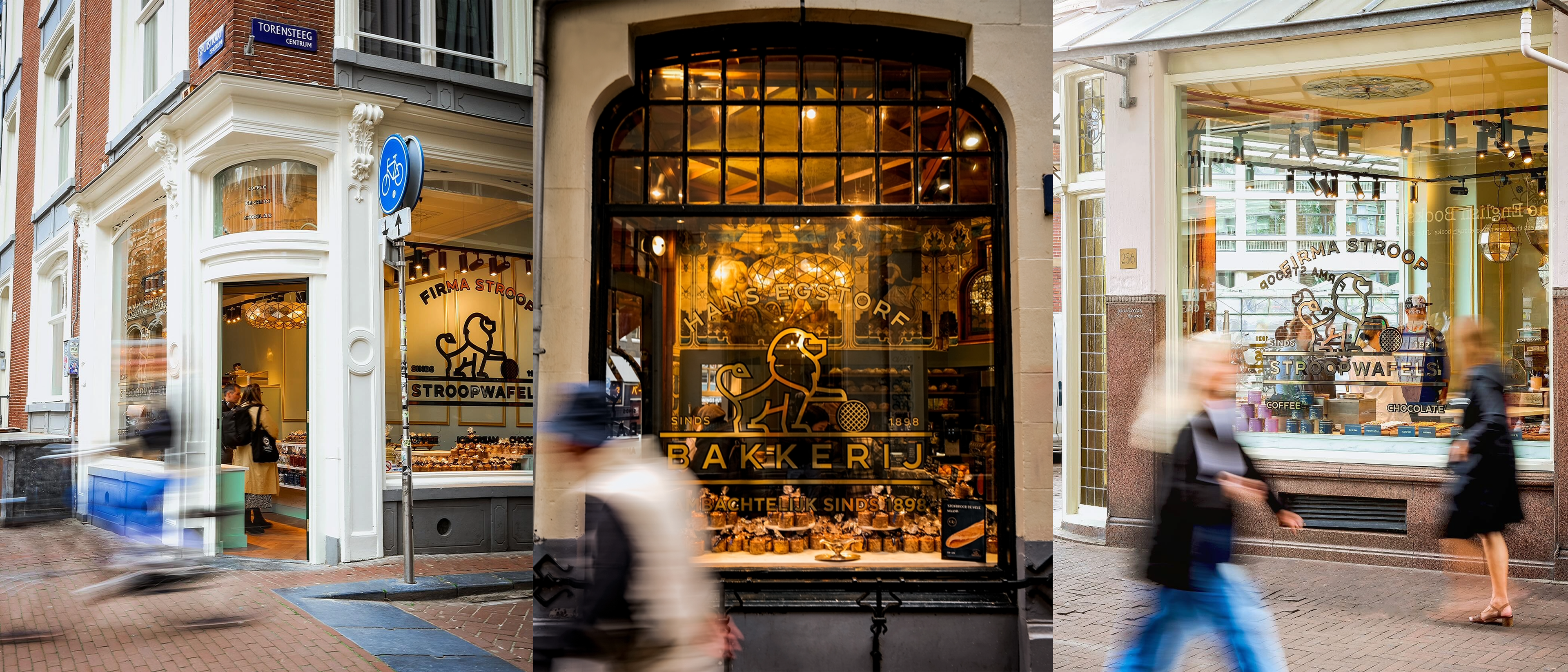 Collage of three Hans Egstorf store facades with people walking by in a city street.
