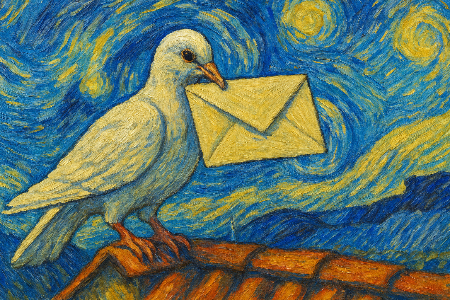 White pigeon holding a yellow envelope against a Van Gogh-style starry night background